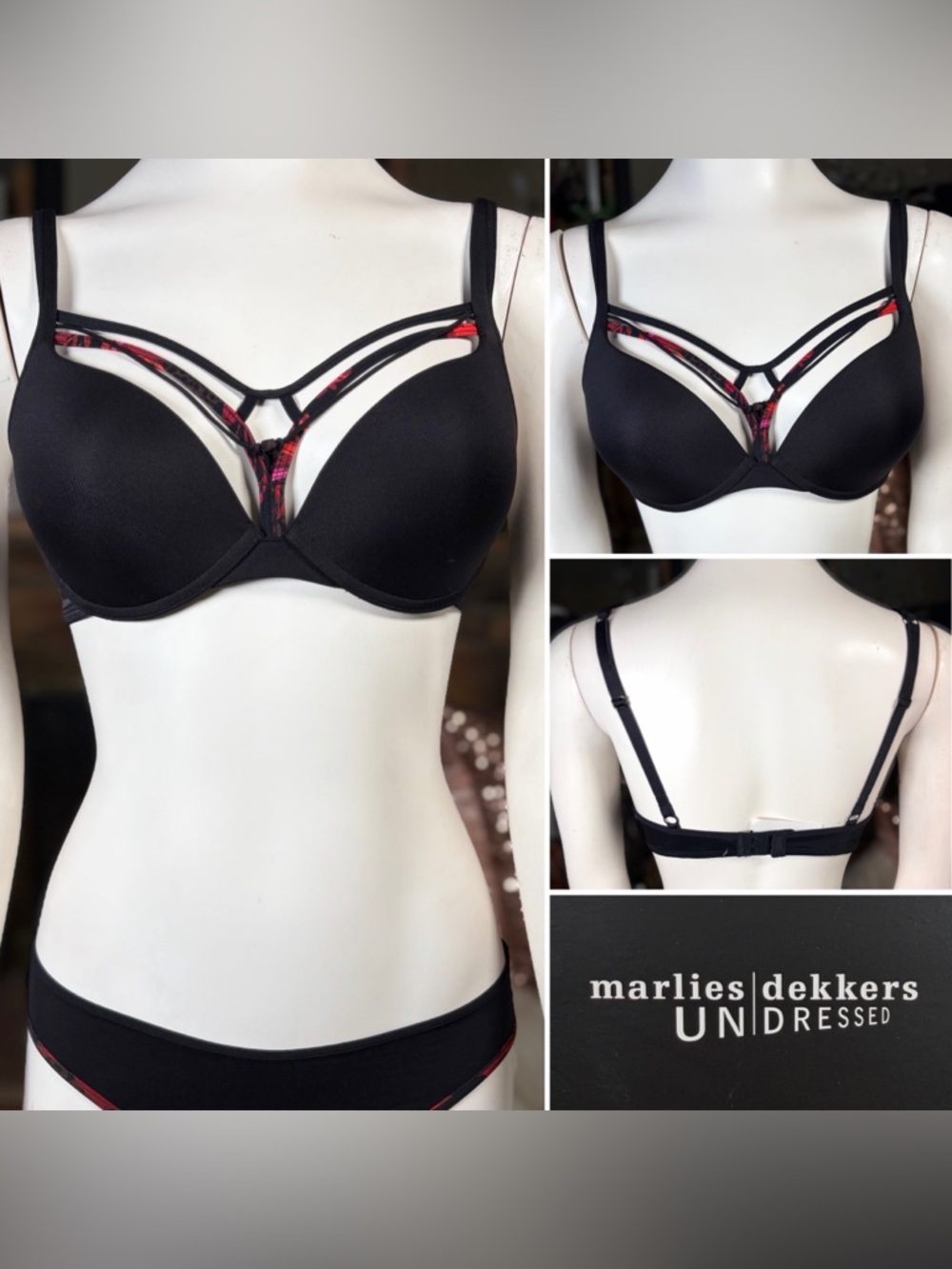 Marlies Dekkars Black & Red Floral Underwire Padded Push-up Cage Bra, Sz 34C